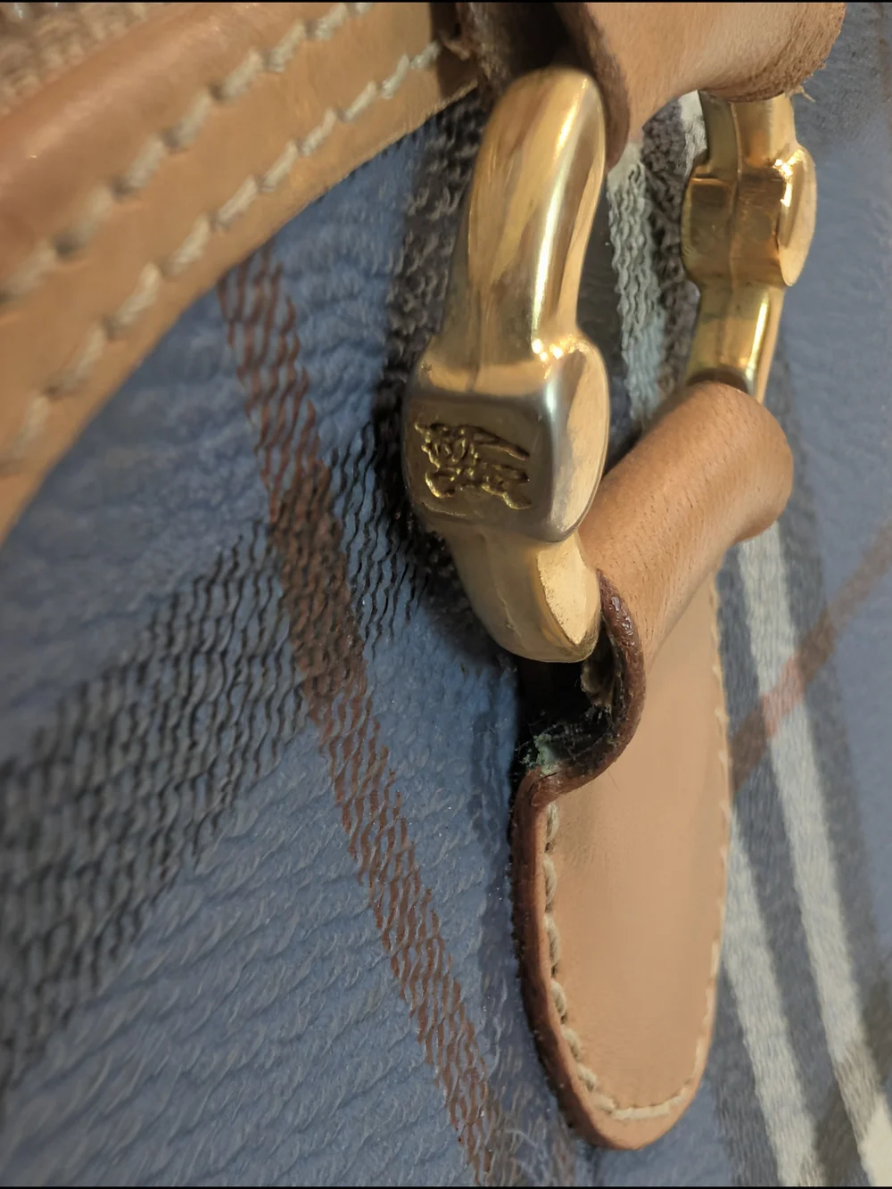 Vintage Burberrys Of London Blue Nova Check Bowling Satchel with Tan Leather